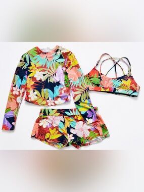 Citrus 3 Piece Tropical Swimsuit Set Rash Guard Bikini Top Shorts size medium